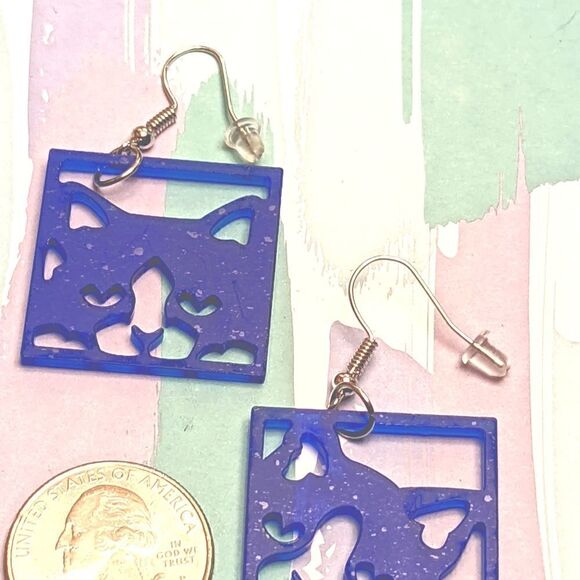 Kitty Cat Blue Black or Purple Square Geometric Dangling Hook Earrings - Picture 6 of 9